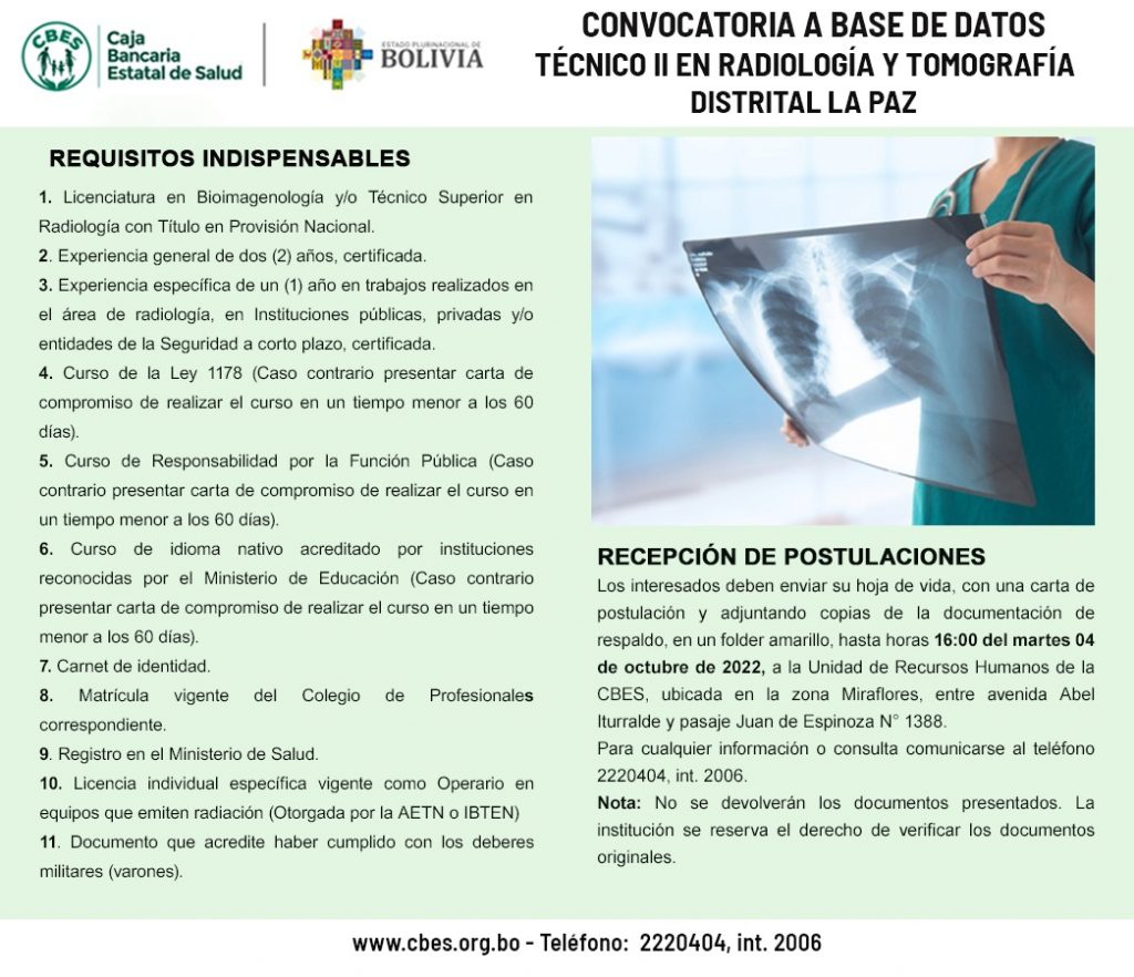 Convocatoria a base de datos Distrital La Paz para el cargo Técnico II en Radiología y Tomografía.